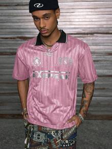 AXEPEAK Men's Summer Fashion Letter Graphic Short Sleeve Polo Shirt, Emo, 2000s Style - Pink - View 1