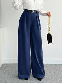 SHEIN Tall 女款純色高腰寬腿長褲，適合高個女性 - 藏蓝色 - 查看 3