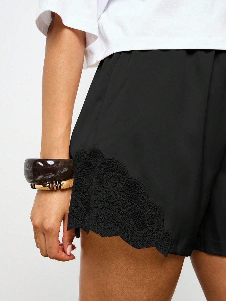 AiiRZ Elegant Satin Lounge Shorts With Delicate Lace Trim High Waist Evening Sleepwear Relaxation Summer Resort Wear Lounge Bottoms