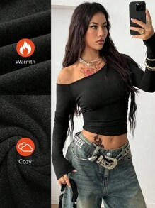 Coolane Áo thun crop top hở vai cổ bất đối xứng màu đen co giãn, tối giản Y2K, mặc thường ngày, ấm áp, có mũ trùm đầu, chất liệu nỉ dành cho nữ mùa thu - màu đen - Xem 3