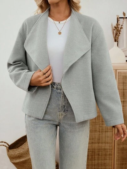 EMERY ROSE Women's Solid Color Oblique Placket Long Sleeve Loose Fashion Woolen Coat Grey Blouse Light Grey Top Business Casual Tops Woman Modern Clothes For Women Women Casual Jacket Winter Clothes For Women Winter Jacket Winter Coat Winter Coat Women Winter Clothes Women