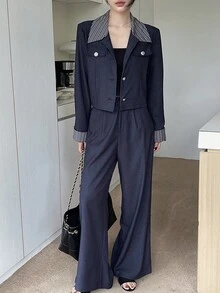 DAZY 女式条纹翻领长袖单排扣夹克和裤子休闲两件套 - 藏蓝色 - 查看 3