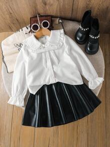 Set de 2 piezas de camisa casual de unicolor tejida y minifalda PU para niña joven - Blanco - Ver 4