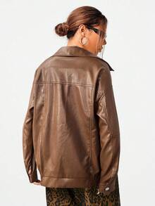 SHEIN EZwear 女士休闲皮夹克，带口袋，宽松版型，翻领，长袖，咖啡棕色，秋季必备 - 咖啡棕 - 查看 2