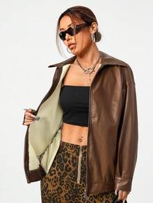 SHEIN EZwear 女士休闲皮夹克，带口袋，宽松版型，翻领，长袖，咖啡棕色，秋季必备 - 咖啡棕 - 查看 6