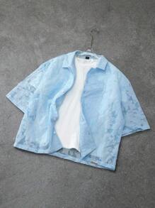 PAVTROS 男士年轻街头风格，工作室风格奢华纹理提花面料衬衫，纽扣宽松短袖短款衬衫，INS热卖，舒适休闲又不失时尚，休闲又不失优雅的风格，独特个性，适合休闲聚会、日常外出、半正式活动、度假、办公室等场合，节日礼物 - 淺藍色 - 查看 4