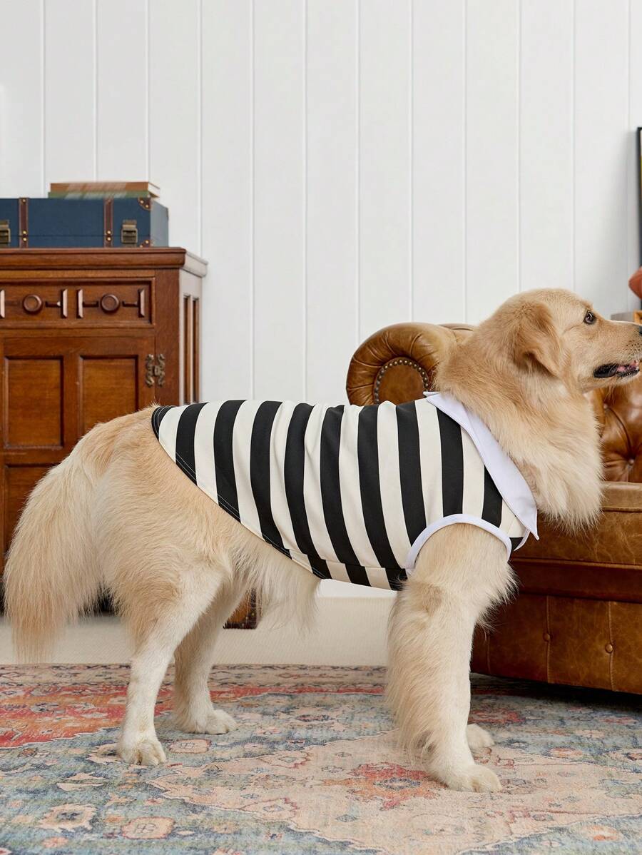 PETSIN 1pc Black & White Striped Pet Cat/Dog Polo Shirt