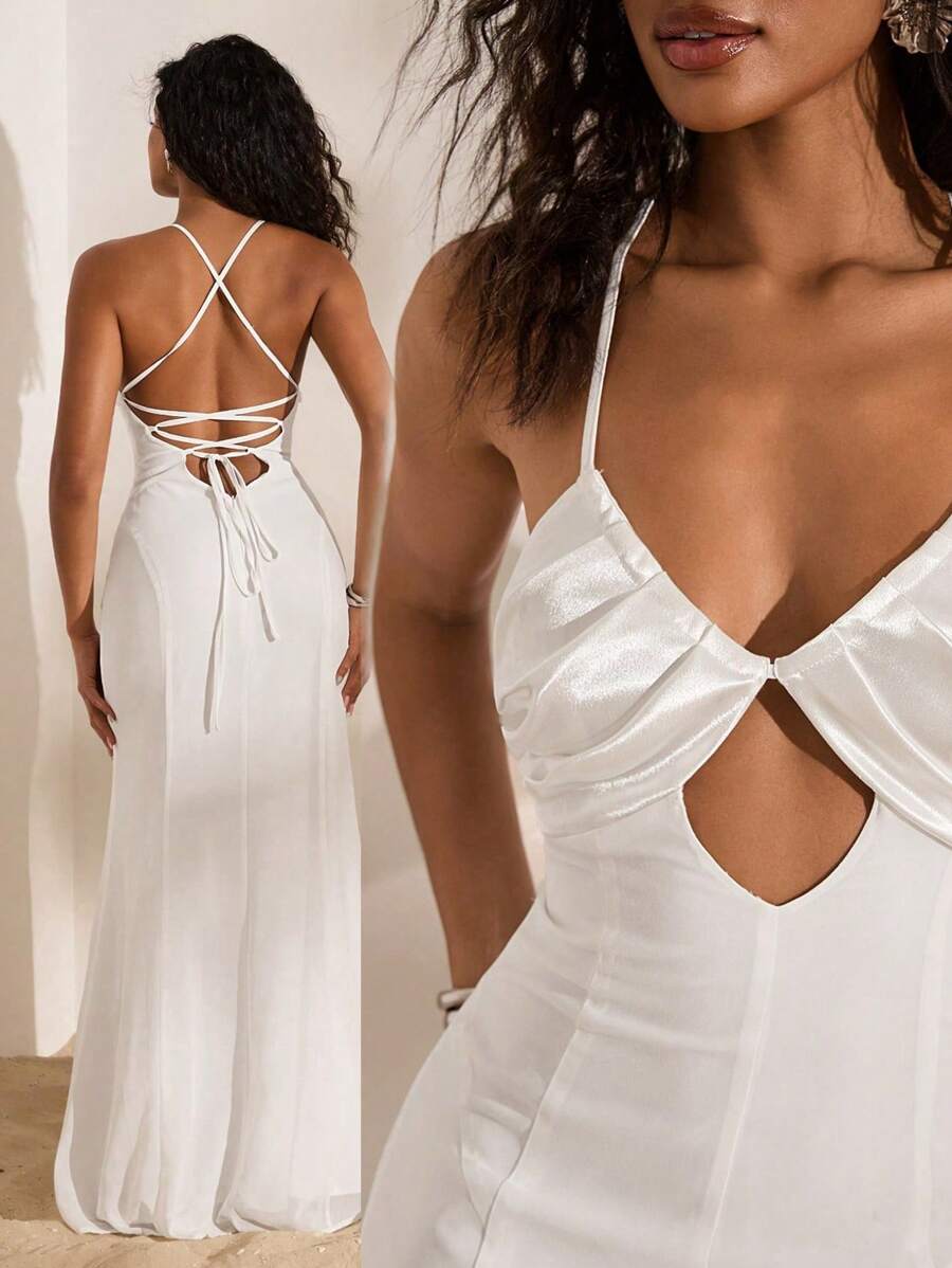 Opulessa Women's Summer Sexy Vacation Minimalist Solid Color Chest Ruffle Open Back Lace-Up Fish Tail Hem Dress,All White Party Outfit Women,Vacation Style,Casual Summer Vacation Outfits Woman,Bohemia Beach Vacation Outfits,Boho Chic,Holiday Festival Outfits,Beach Outfits For Woman,Summer Outfits For Women,Graduation Outfit,Birthday Outfits For Women,Beach Essentials,Airport Outfit For Women,European Summer,Country Outfits Women,Back To School,Old Money Style Women,Streetwear Women,Y2k,Night Out,Fall Clothes,Modest,Elegant,Going Out Outfits,Flowy Dress,All White Party Outfit Women - White - View 1