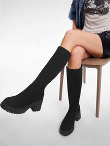 Solezae Bốt cao đến đầu gối đế chunky co giãn thoải mái dành cho nữ - màu đen - Xem 4