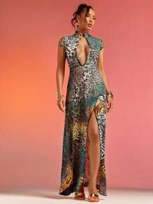 Hauture Abstract Floral Animal Print Lace Mesh Dress