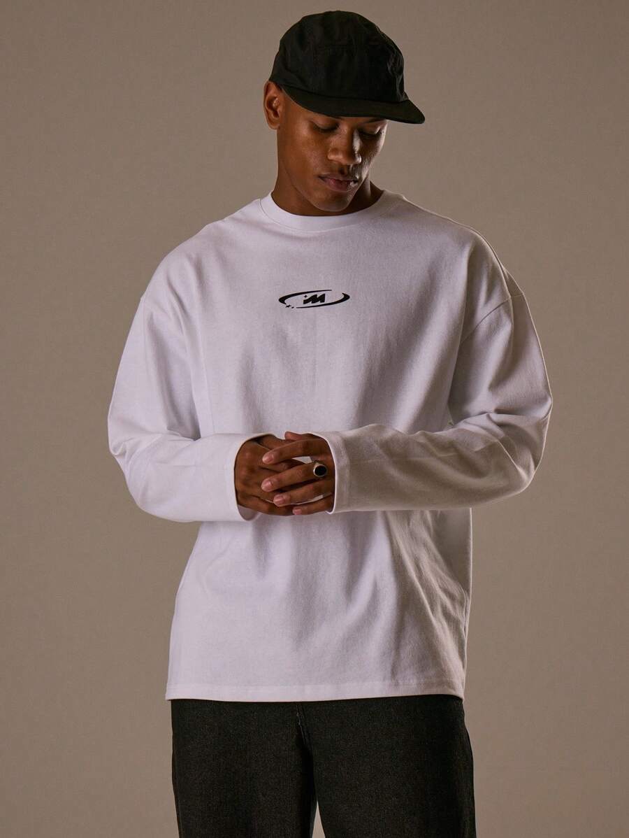 Musero 男士宽松圆领印花长袖上衣 春夏款 - 白色 - 查看 1