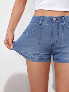 SHEIN EZwear Damen anliegende Denim-Shorts mit Taschen, lässiges und vielseitiges Strickmaterial - Blau - Übersicht 3