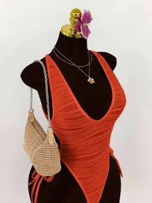 Amplova 深V领露背交叉蝴蝶结纹理紧身衣