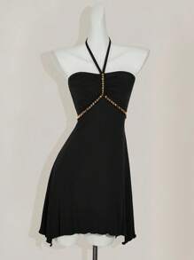 SHEIN ICON 修身不对称下摆链条装饰挂脖连衣裙