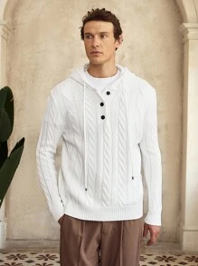 Manfinity CityGents 男士长袖连帽套头衫，针织运动衫，带抽绳，男士粗针织毛衣，男士开衫，男士纽扣连帽衫，针织男士衬衫，男士毛衣夹克 - 白色 - 查看 3