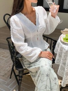 SHEIN Frenchy 女士度假休闲纯色蕾丝花边刺绣衬衫 - 米色 - 查看 4