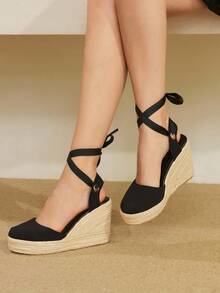 Styleloop 女士厚底坡跟凉鞋，黑色绒面革，夏季波西米亚风度假凉鞋，编织绳罗马沙滩凉鞋，交叉绑带设计，正装鞋，度假旅行必备单品 - 黑色 - 查看 5