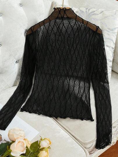 Modelyn Plus Size Women Mesh Stand Collar Long Sleeve Fitted Fashionable Blouse,Fall Clothes For Women