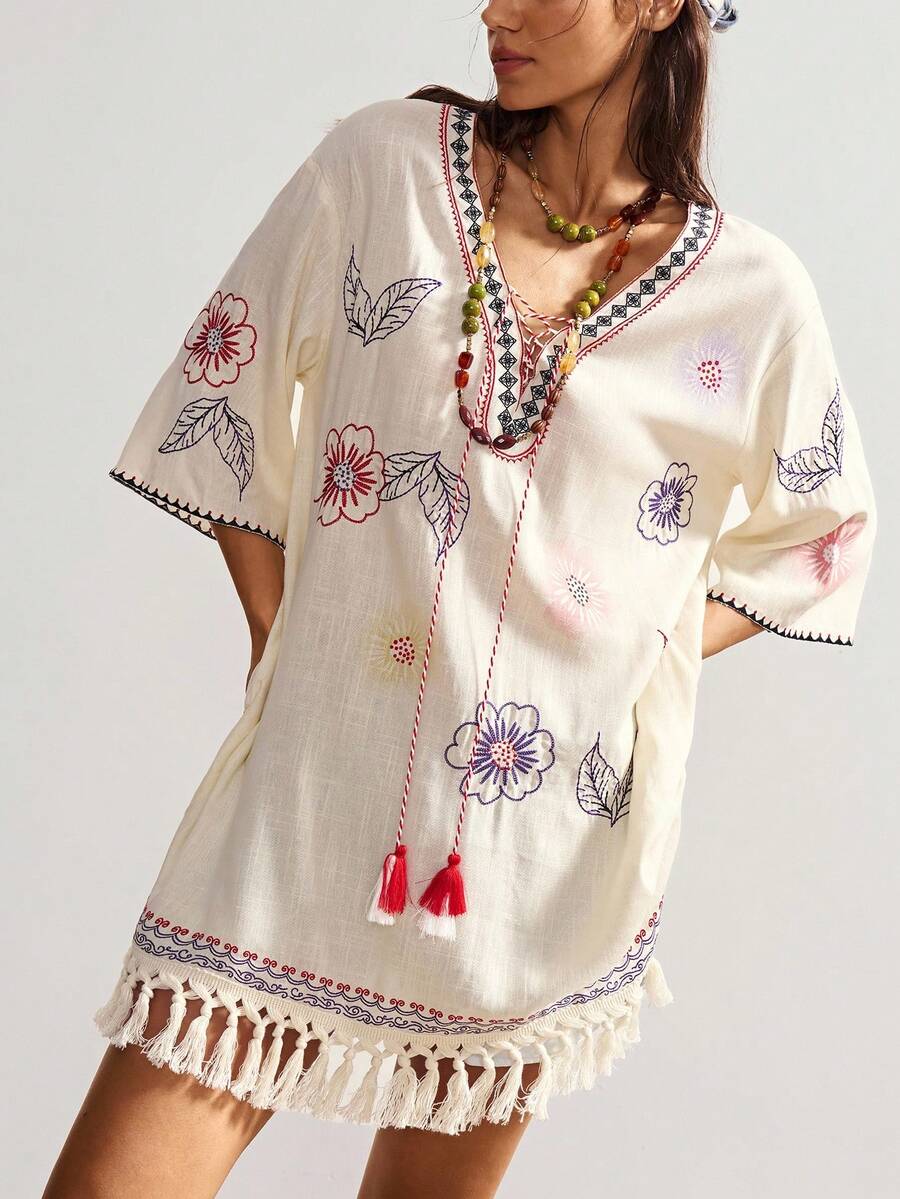 Bohemela Váy mini dáng rộng cổ chữ V dệt trơn màu đơn giản dành cho nữ - Màu be - Xem 1