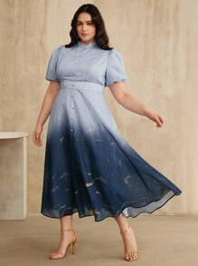Anewsta Plus Size Women's Elegant Purple Ombre Bubble Embroidery Dress, Spring/Summer - Blue - View 6
