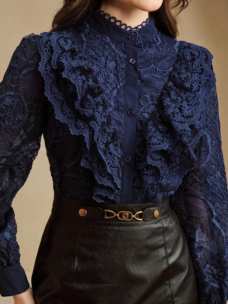 ネイビーブルーの女性用エレガントでロマンチックなヴィンテージ3Dフラワー刺繍メッシュフリルカラー長袖ブラウストップ、新年の服