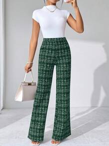 SHEIN Tall CURVE Quần dệt kim co giãn in họa tiết kẻ caro thanh lịch cỡ lớn mùa hè dành cho nữ, phù hợp với nhiều dịp khác nhau, phù hợp cho kỳ nghỉ hè, du lịch thanh lịch và đi làm hàng ngày - Màu xanh lá cây đậm - Xem 7