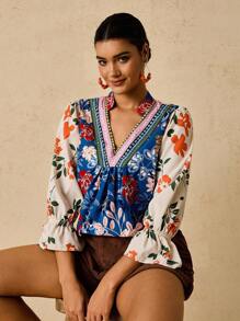 Travachic 大码女式花卉印花 V 领 3/4 袖收腰 A 字型衬衫，适合初秋