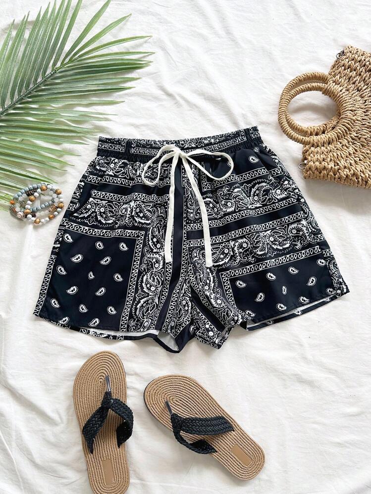 Soleia Paisley Print Drawstring Waist Shorts - Black and White - View 1