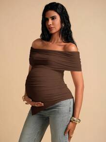 MaterniChic Maternity Solid Color Off-Shoulder Ruched Fitted Fashion T-Shirt