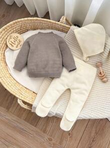 SHEIN Newborn Baby Girl Casual Solid Color Sweater, Knit Pants And Hat 3pcs Set, Autumn/Winter Fall Neutral - Brown - View 2
