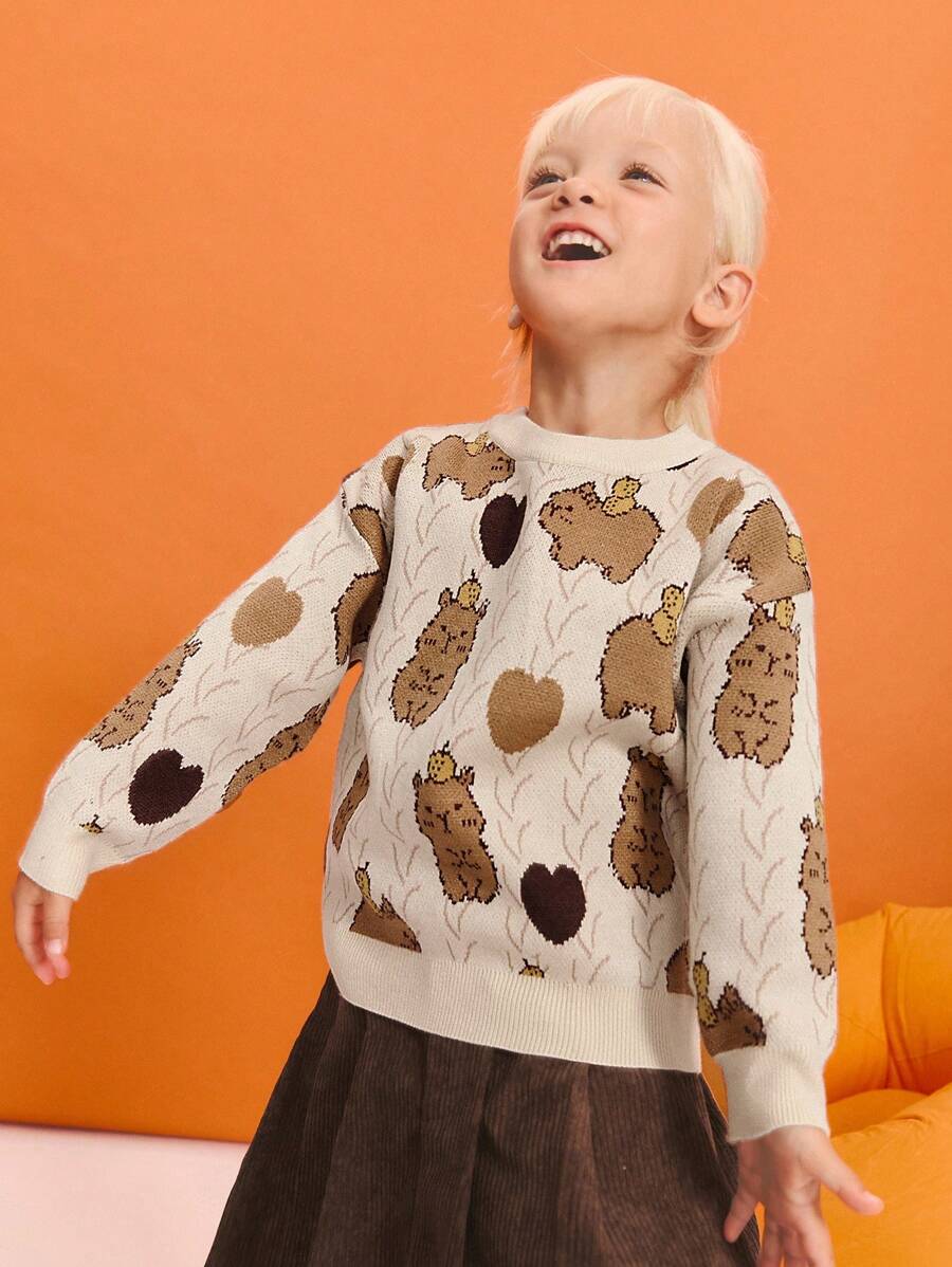 Leap Crew Leap Crew Young Girls' Cute Capybara Cartoon Animal Pullover Sweater Kids Sweaters For Girls Bear Sweater Kids,In Fall/Winter - Khaki - View 1