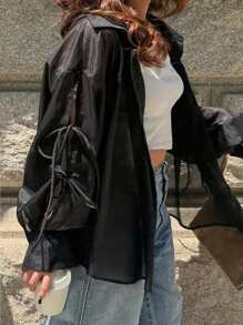 Dazy Plus Blusa transparente de manga larga con cuello, mangas farol sueltas, con lazo delantero y diseño hueco para el otoño - Negro - Ver 8