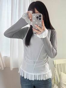FRIFUL Camiseta de manga larga con cuello redondo, de tela de malla transparente con parches, con dobladillo fruncido, ajustada, para otoño - Gris - Ver 5