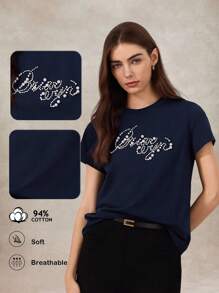 Briarwyn Women's Casual Round Neck Faux Pearl Beaded Alphabet Pattern Short Sleeve T-Shirt, Summer,Fall Women Clothes,Old Money Style Women,Vacation Outfits Woman - Navy Blue - View 3