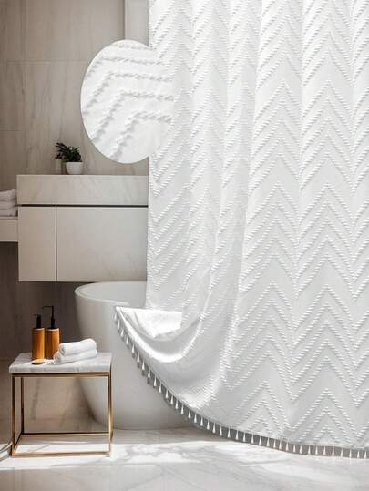 SHEIN 1PC Boho Solid Color Woven Fabric Shower Curtain, Includes 12 Hooks, Machine Washable Knitted Curtain, Tasseled 72"X72" Modern Farmhouse Minimalism, Plush Retro Textured, Waterproof Shower Curtain For Bathroom, Hotel Decor Home Bathroom Decor Summer Bathroom Accessories