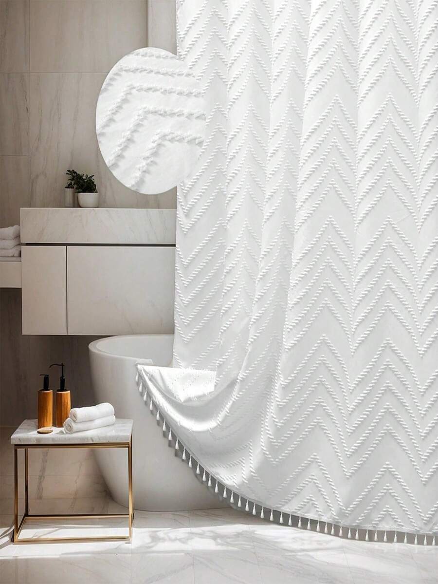 SHEIN 1 件波西米亚纯色编织面料浴帘，包含 12 个挂钩，可机洗针织窗帘，流苏 72 英寸 X 72 英寸现代农舍极简主义，毛绒复古纹理，浴室防水浴帘，酒店装饰家居浴室装饰夏季浴室配件 - 彩色 - 查看 1