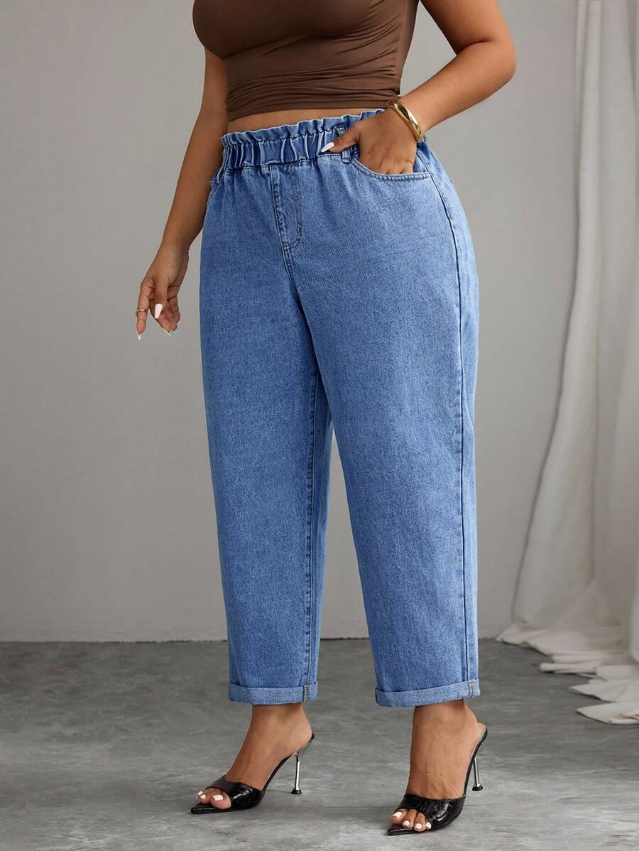 Elenzga Plus Size Casual Daily Wear Denim Jeans - Medium Wash - View 1