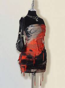SHEIN ICON Robe moulante mini dos nu avec effet tie-dye contrastant orange et noir pour femmes