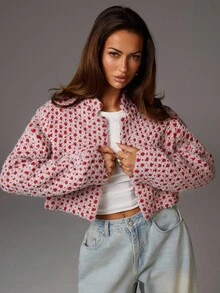 Athîral 女式全印花长袖开襟休闲宽松夹克 - 粉色 - 查看 1