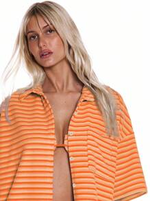 MUSERA 丝绒条纹宽松短袖衬衫，春夏度假海滩可爱假日伊比沙岛海滩机场穿搭秋季 - 橘色 - 查看 5