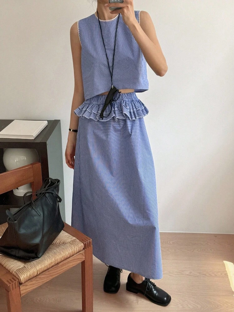 Women's Sleeveless Plaid Top And Ruffle Hem Skirt 2 Pieces Set