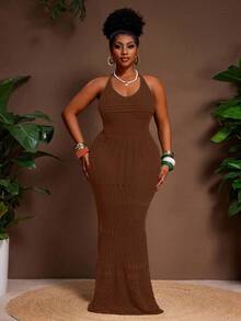 Slaydiva Plus Size Casual Sexy Fitted Halter Tie Backless Women Sweater Dress - Rust Brown - View 3