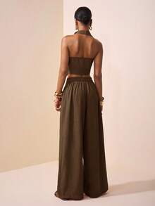 Zivah 2025 春夏新款音乐节、复活节、圣帕特里克节、西部风、游牧风、生日派对、毕业典礼、学院风、学生装、日常休闲、百搭百搭、休闲、邮轮旅行、海滩、日光浴、病毒式传播、街头服饰、婚礼嘉宾波西米亚风、通勤、早午餐、机场装 - 棕色纹理面料不对称结饰设计尖头上衣、喇叭领上衣和阔腿裤套装 - 棕色 - 查看 2