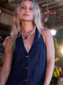 Aralina Denim Kleid mit Knopfleiste, Neckholder, im Vintage-Stil für den Sommer, Minikleid