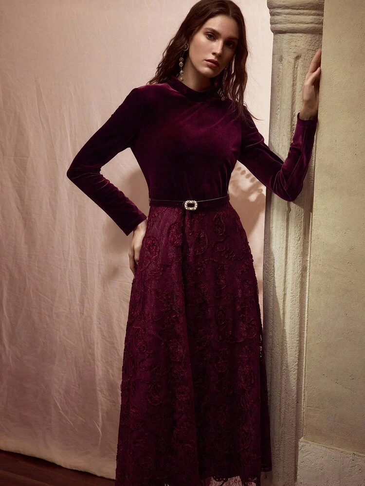 VELVET BODICE LACE FLARE HEM FAUX PEARLS BUCKLE BELTED DRESS