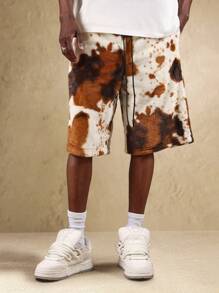 SUMWON 牛皮印花羊毛抽绳短裤毛皮图案阔腿街头风格节日休闲家居服超大宽松冬季裤 - 咖啡棕 - 查看 4