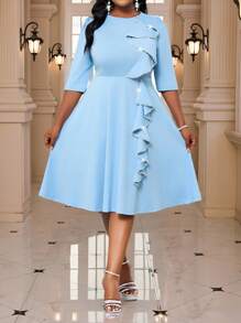 Fleurora 大码夏季优雅工作通勤纯色缺口领紧身连衣裙淡蓝色连衣裙浅蓝色紧身连衣裙女式夏装女式浅蓝色连衣裙紧身中长连衣裙 - 淺藍色 - 查看 4