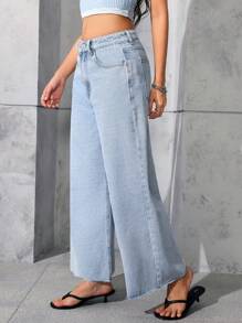 Jeanoix 休闲水洗低腰阔腿牛仔裤 - 淺色水洗藍 - 查看 6