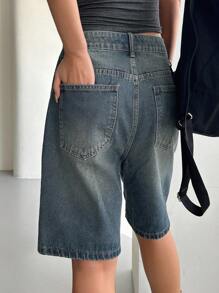 Dazy Star 實色牛仔短褲,帶有口袋 - 中等水洗藍 - 查看 5