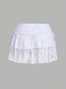 SHEIN MOD 女士休闲低腰抽绳蝴蝶结蕾丝面料双层蛋糕裙，适合日常穿着 - 白色 - 查看 2